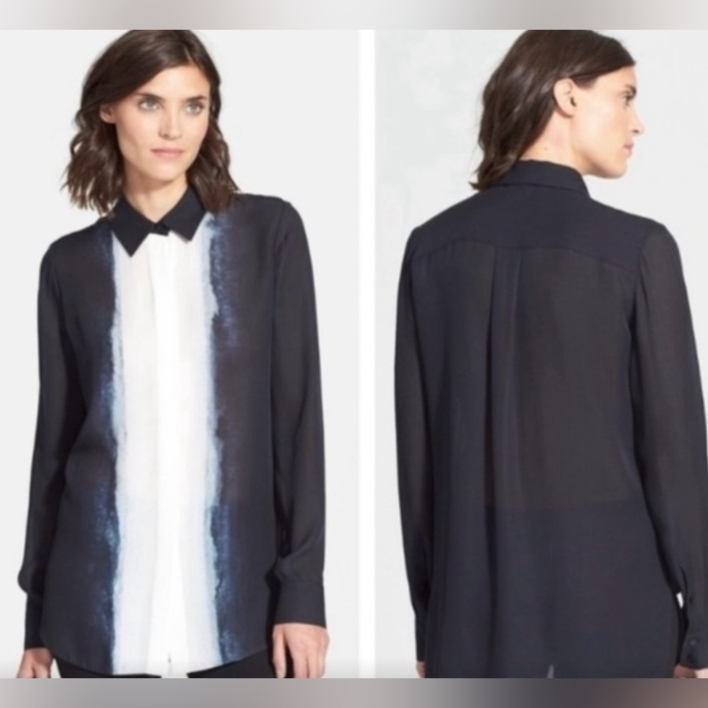 Vince Black and White Long-Sleeve Sheer Button-Up Blouse